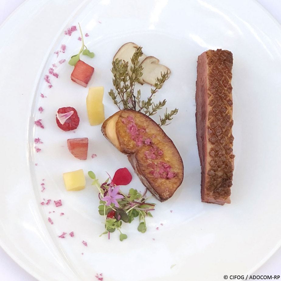 Magret de canard, sauce framboise, Foie Gras aux herbes et ses croquants