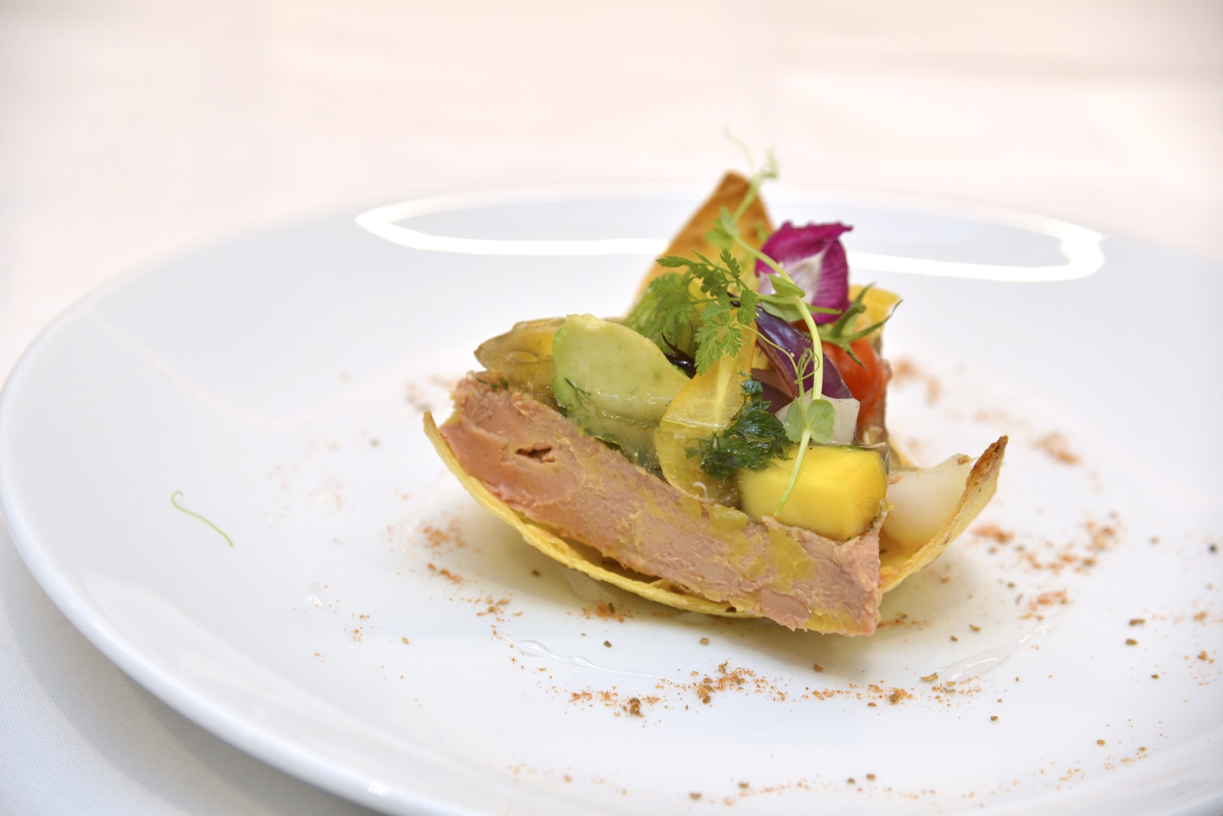 Tarte fine de tortillas de maïs, Foie Gras accompagné de légumes de mon pays et souvenirs d&rsquo;enfance aux parfums de Chiapas